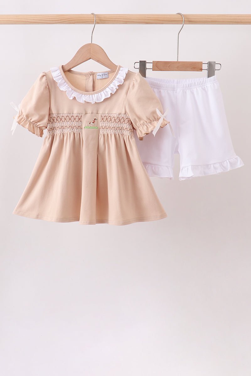Khaki Puppy Smocked Ruffle Shorts Set - Abbies Place