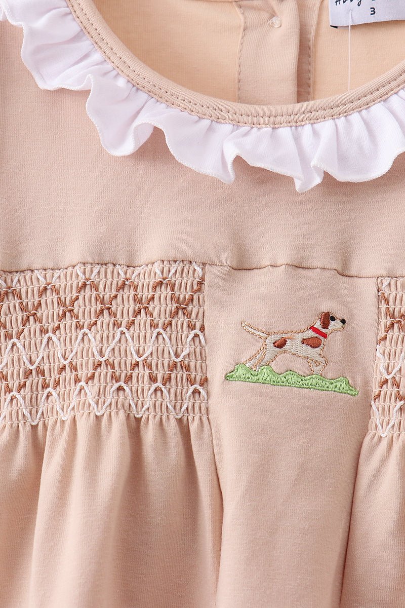 Khaki Puppy Smocked Ruffle Shorts Set - Abbies Place