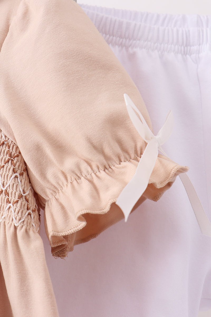 Khaki Puppy Smocked Ruffle Shorts Set - Abbies Place