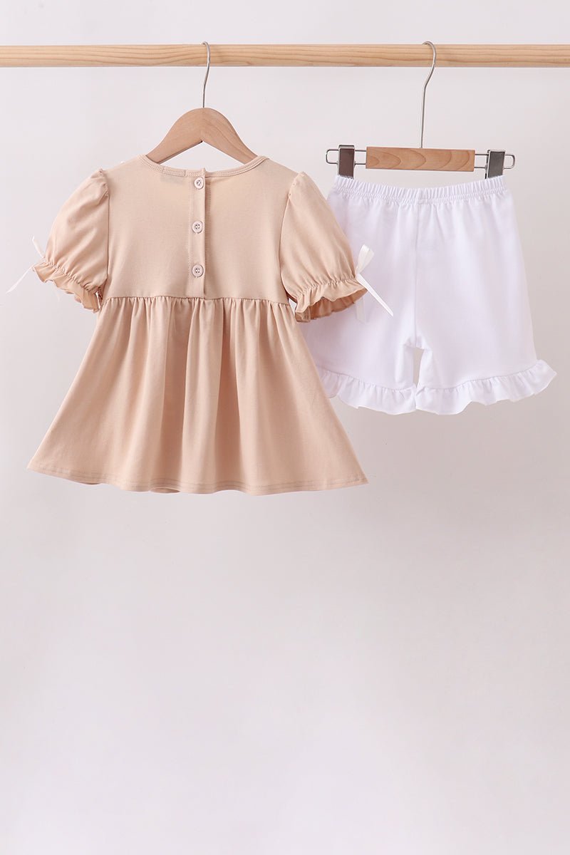 Khaki Puppy Smocked Ruffle Shorts Set - Abbies Place