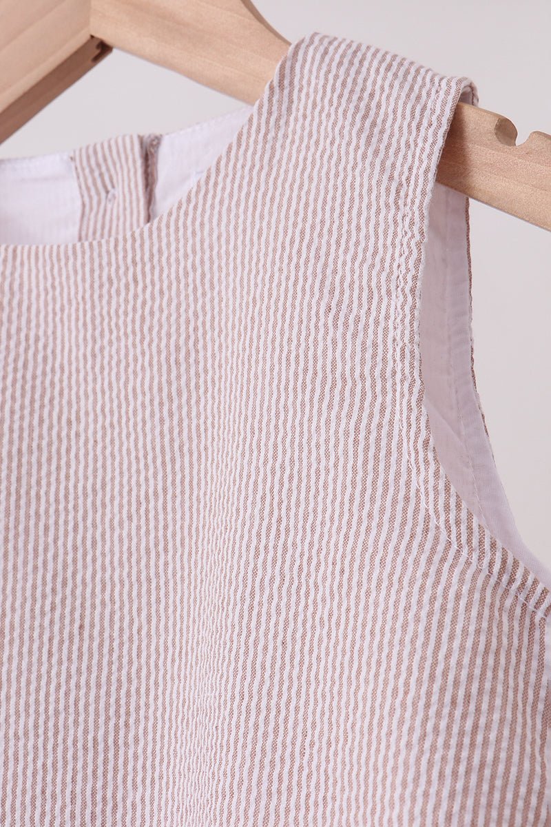 Khaki Seersucker Stripe Scalloped Dress - Abbies Place