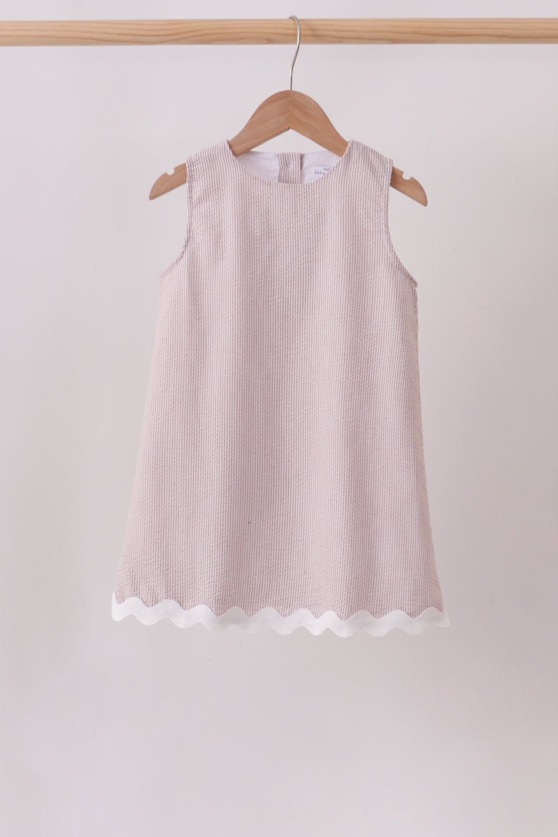 Khaki Seersucker Stripe Scalloped Dress - Abbies Place