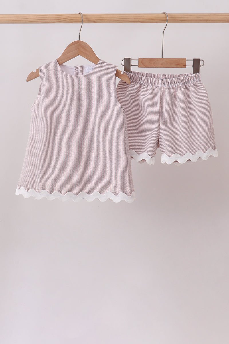 Khaki Seersucker Stripe Scalloped Shorts Set - Abbies Place