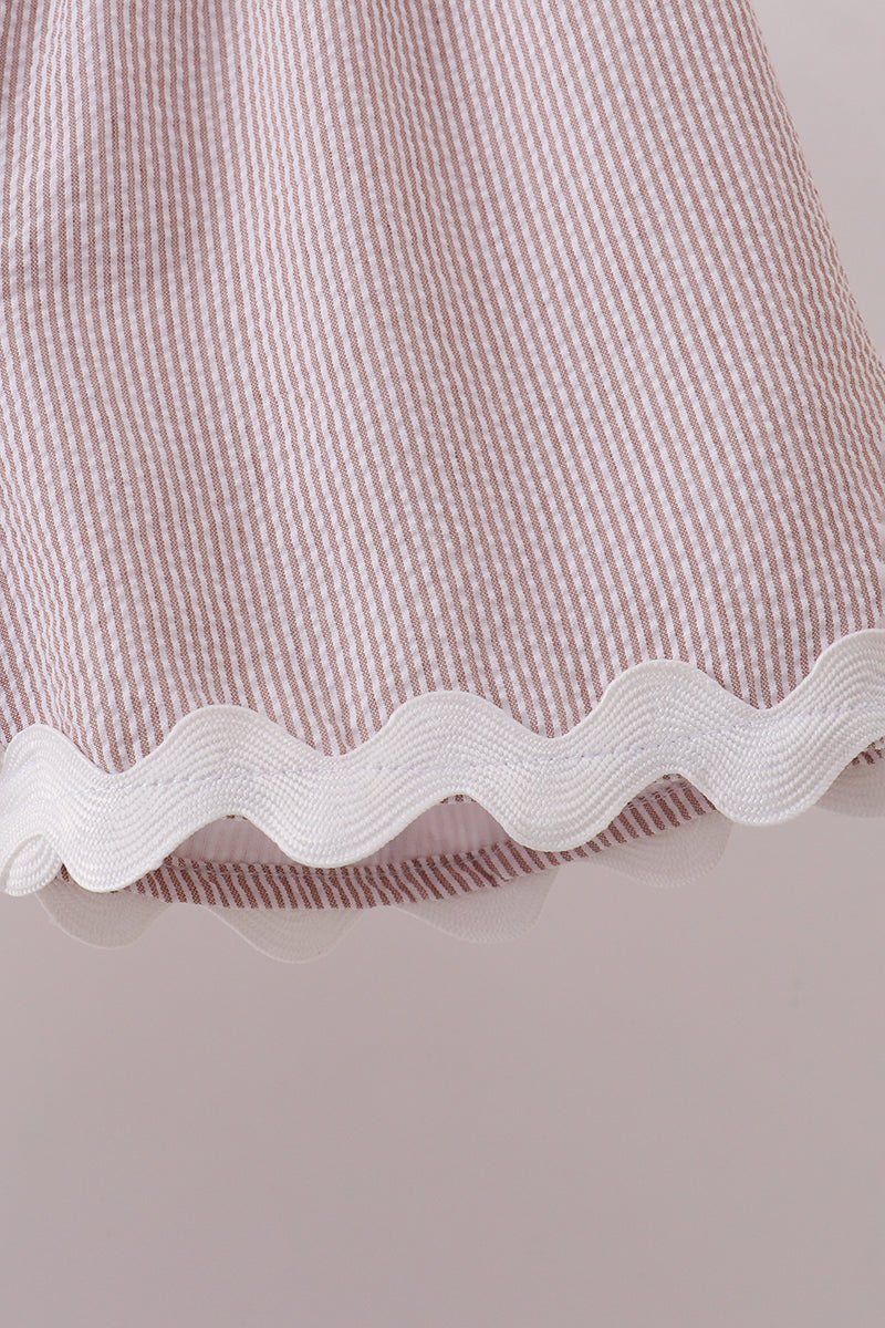 Khaki Seersucker Stripe Scalloped Shorts Set - Abbies Place