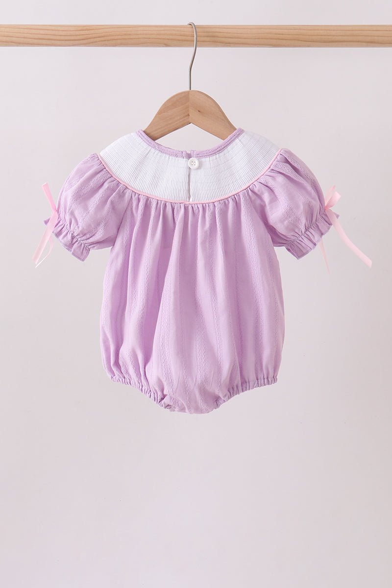 Lavender Smocked Embroidered Bow Jacquard Bubble - Abbies Place