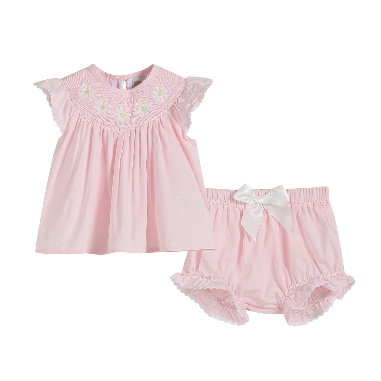 Light Pink Daisy Smocked Top and Bloomer 2 pc set - Abbies Place