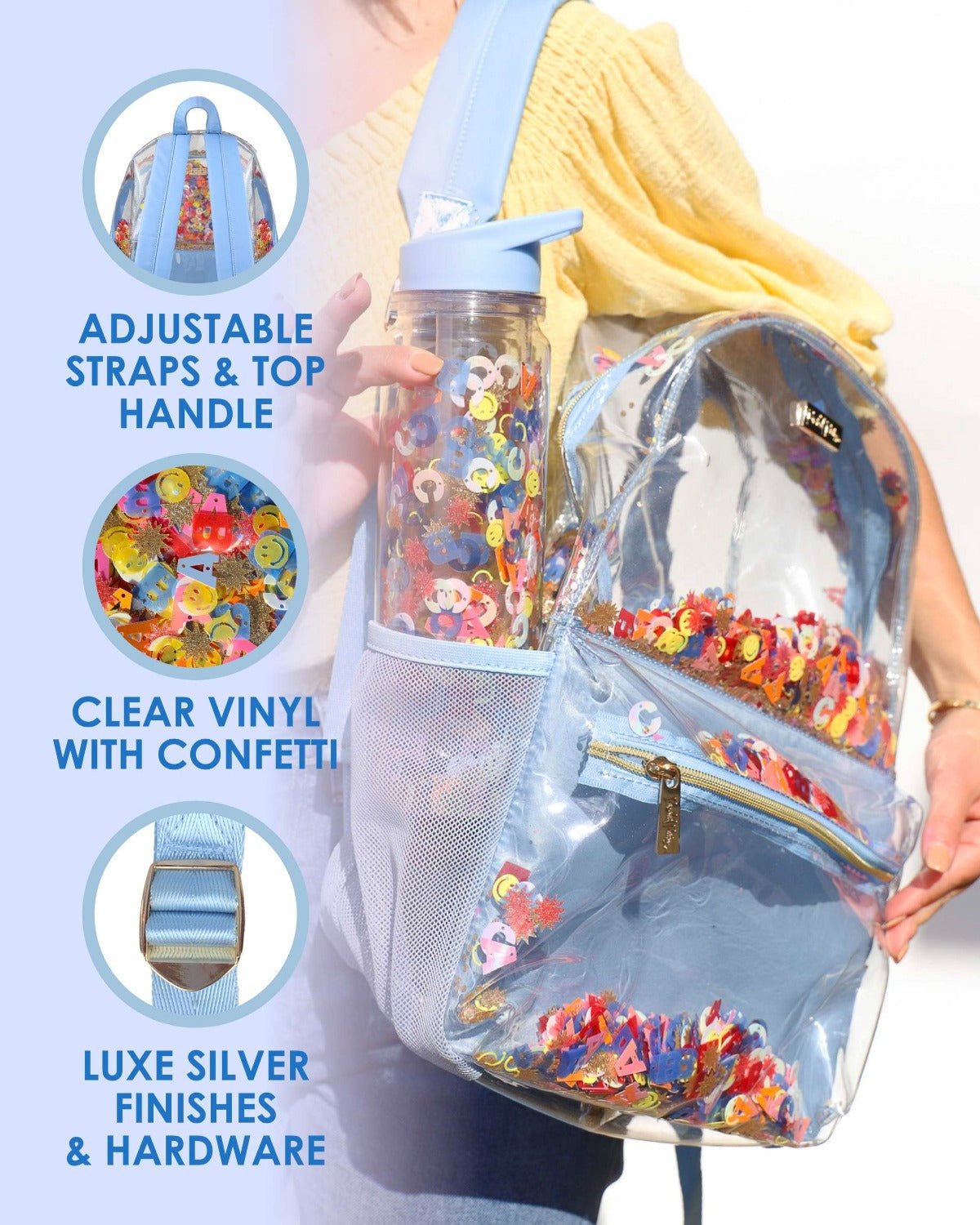 Little Letters Blue Confetti Clear Backpack - Abbies Place
