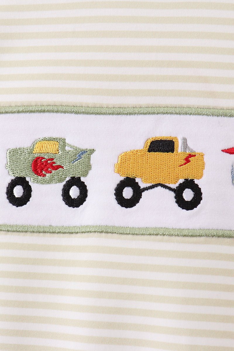 Monster truck embroidery stripe romper - Abbies Place