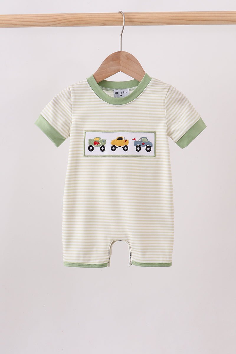 Monster truck embroidery stripe romper - Abbies Place