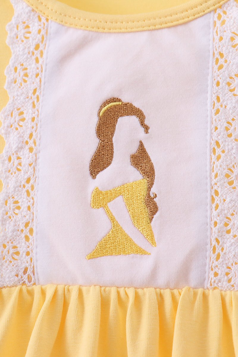 Mustard character embroidery ruffle dress - Abbies Place