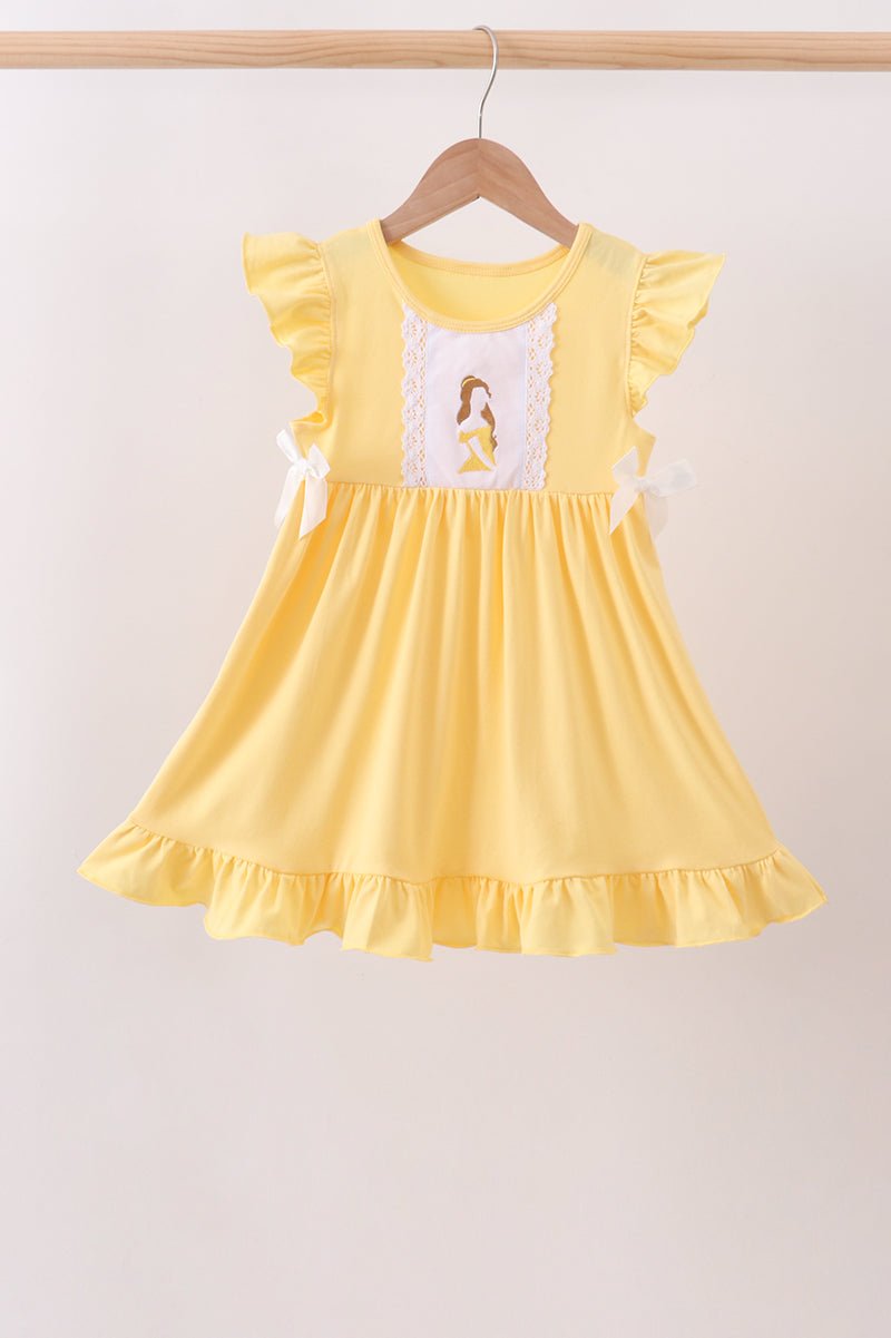 Mustard character embroidery ruffle dress - Abbies Place