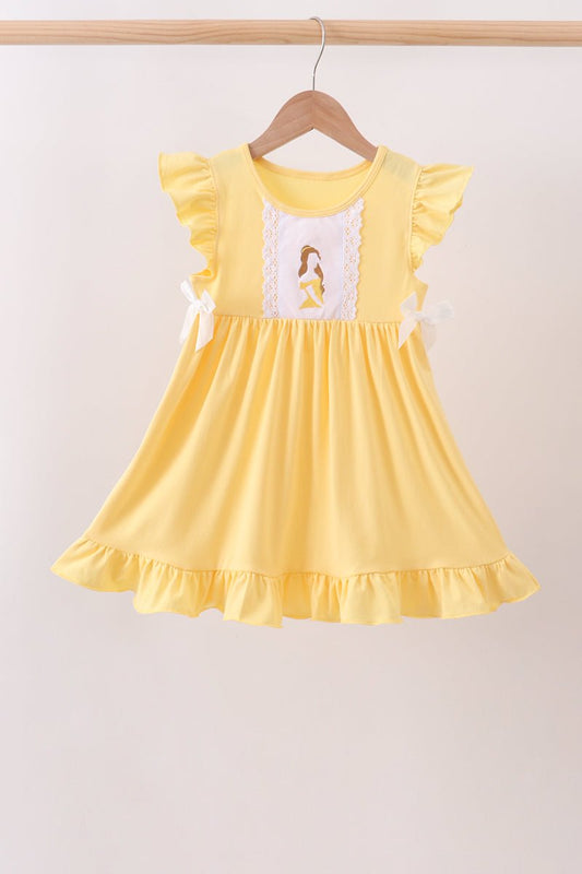 Mustard character embroidery ruffle dress - Abbies Place