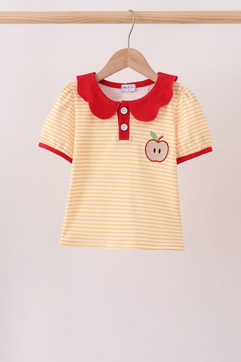 Mustard Stripe Apple Embroidered Top - Abbies Place