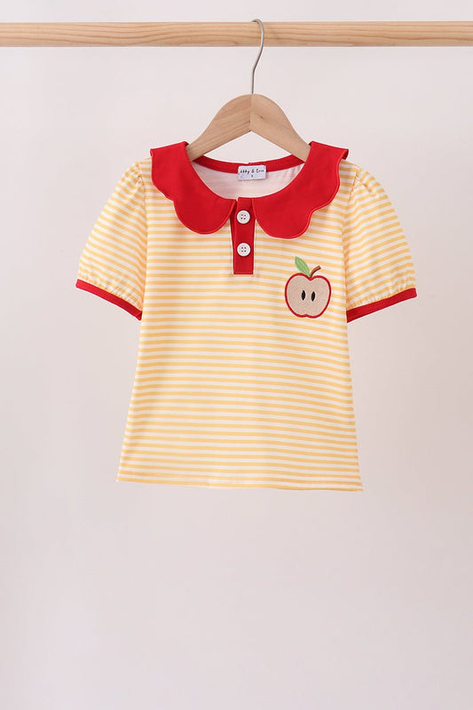 Mustard Stripe Apple Embroidered Top - Abbies Place