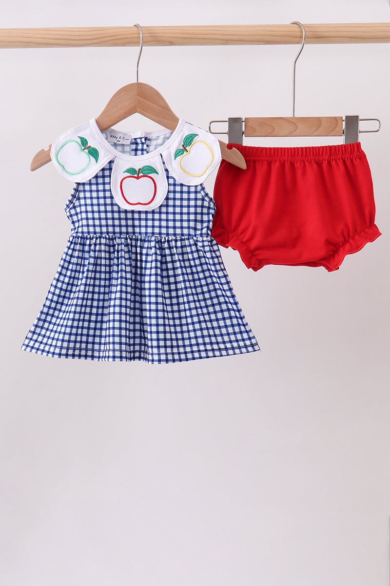 Navy Apple Embroidered Gingham Bloomer Set - Abbies Place