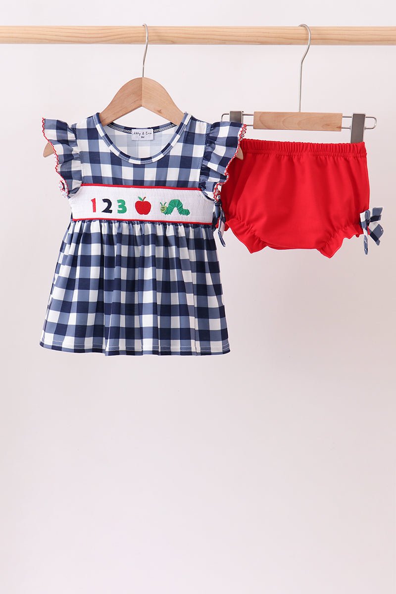 Navy Apple Smocked Gingham Bloomer Set - Abbies Place