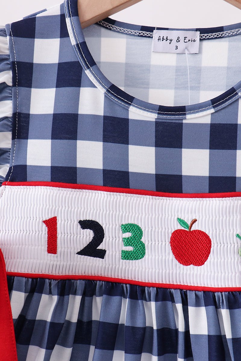 Navy Apple Smocked Gingham Dress - Abbies Place