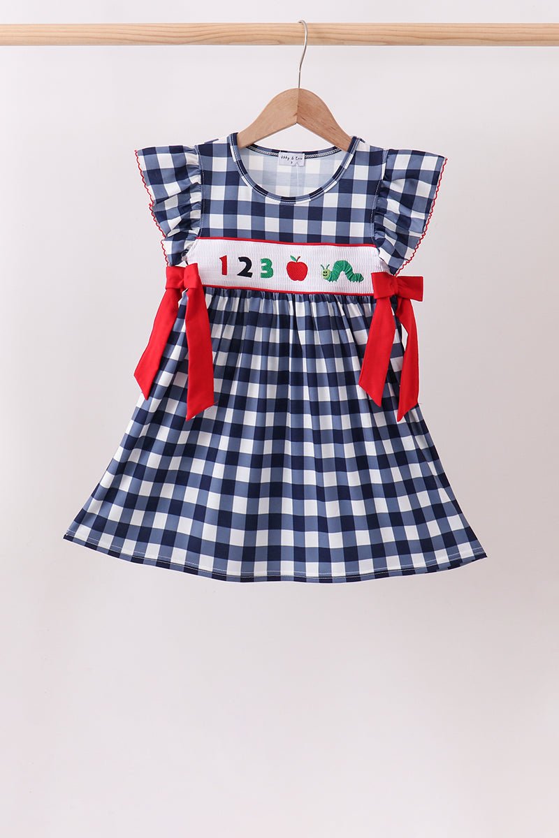 Navy Apple Smocked Gingham Dress - Abbies Place