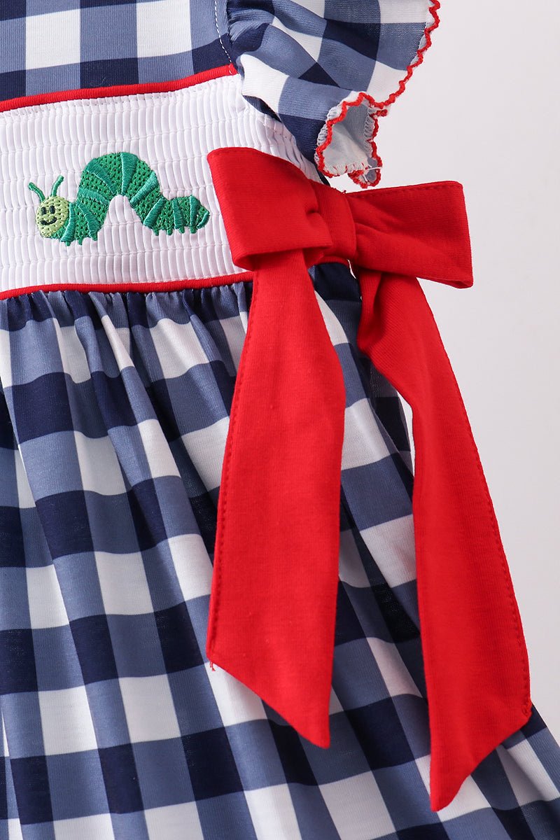 Navy Apple Smocked Gingham Dress - Abbies Place