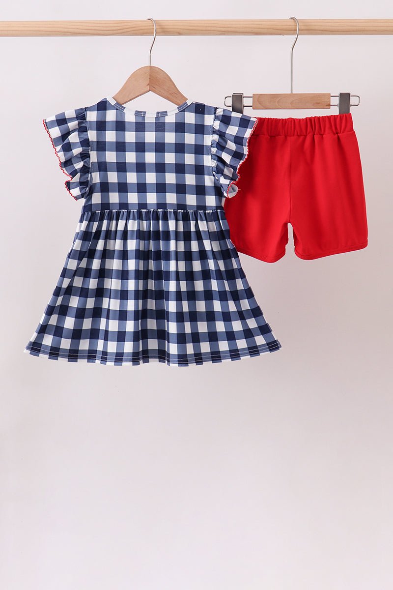 Navy Apple Smocked Ruffle Gingham Set - Abbies Place