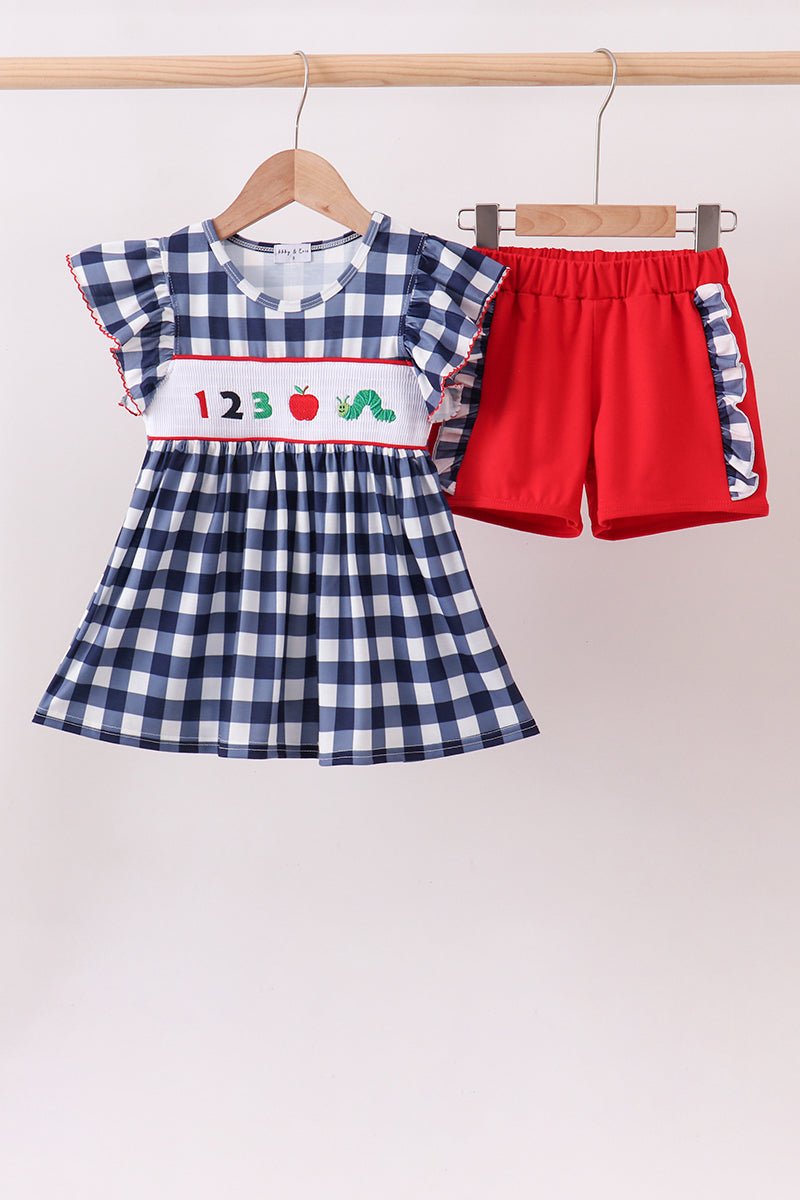 Navy Apple Smocked Ruffle Gingham Set - Abbies Place