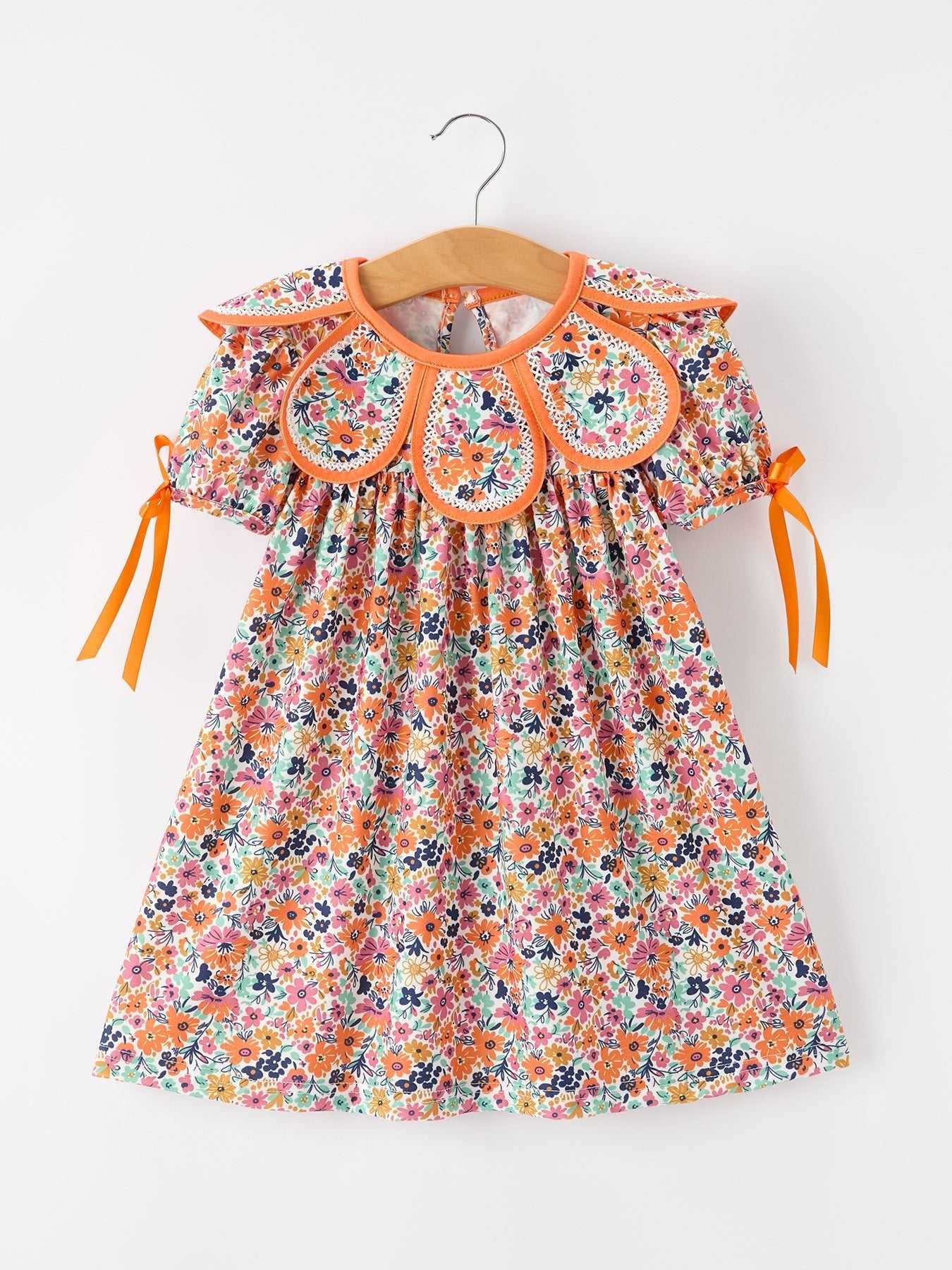 Orange Floral Bow Petals Collar Girls Dress - Abbies Place