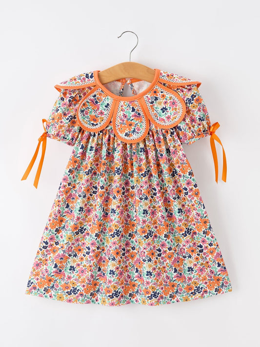 Orange Floral Bow Petals Collar Girls Dress - Abbies Place