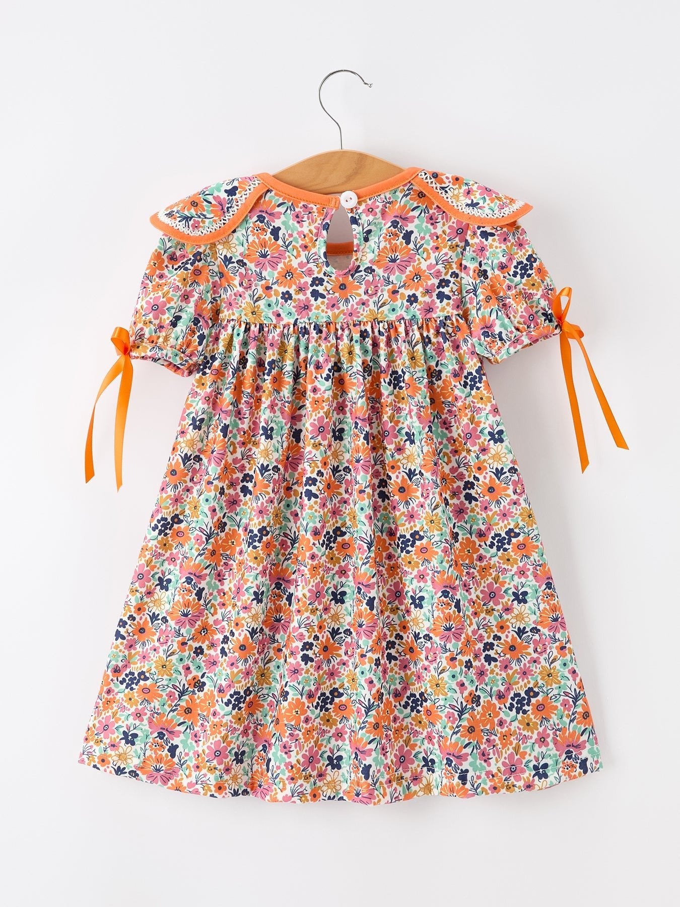 Orange Floral Bow Petals Collar Girls Dress - Abbies Place