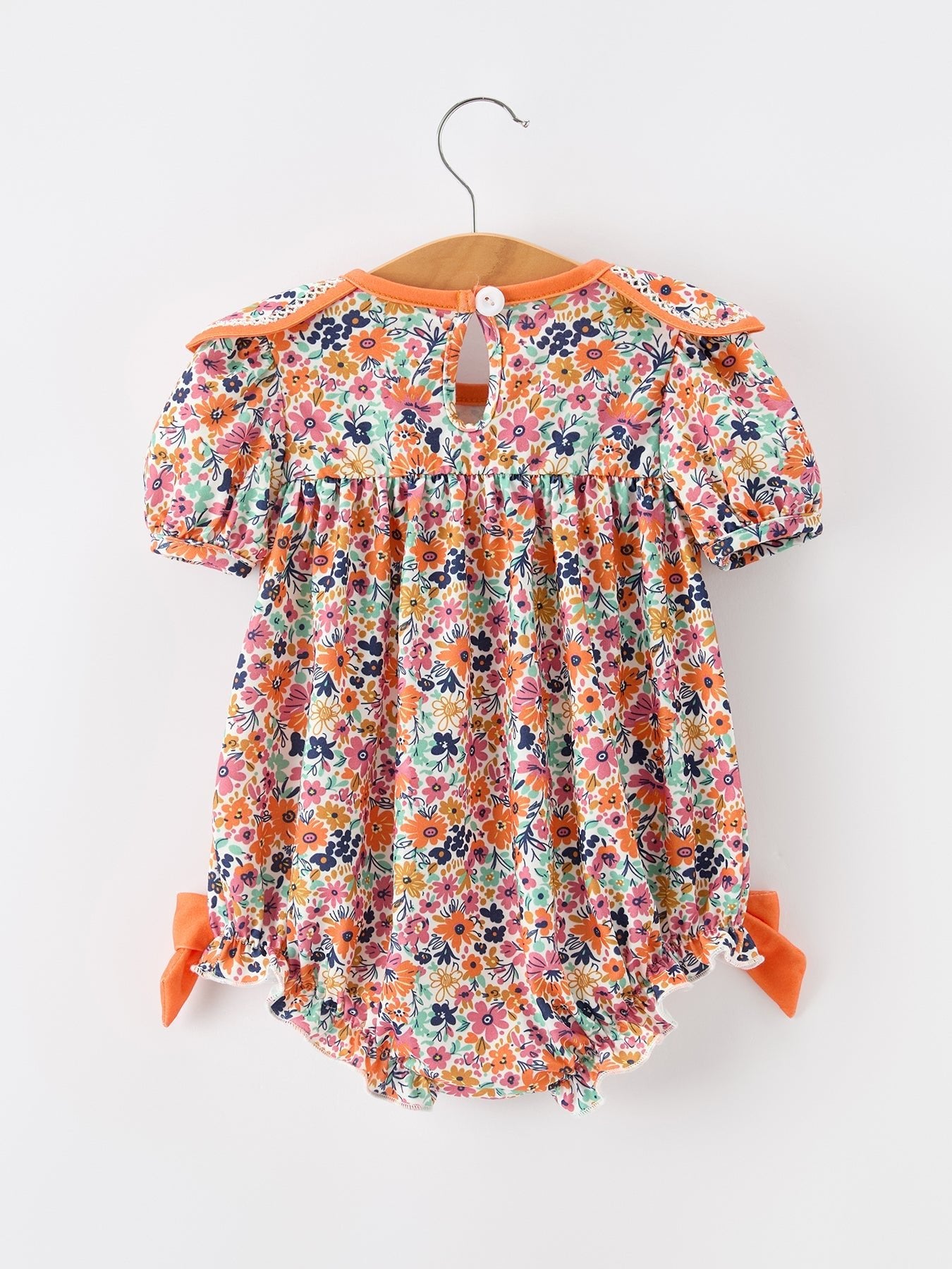 Orange Floral Bow Petals Collar Girls Romper - Abbies Place