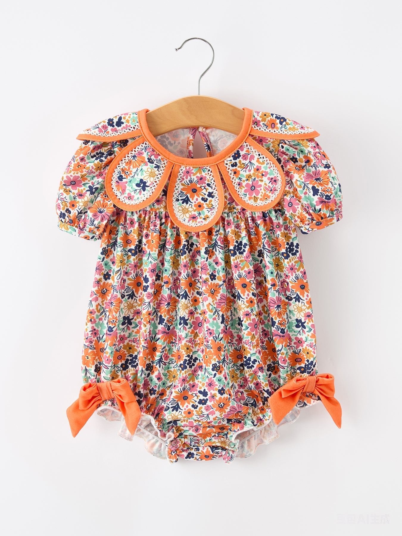 Orange Floral Bow Petals Collar Girls Romper - Abbies Place