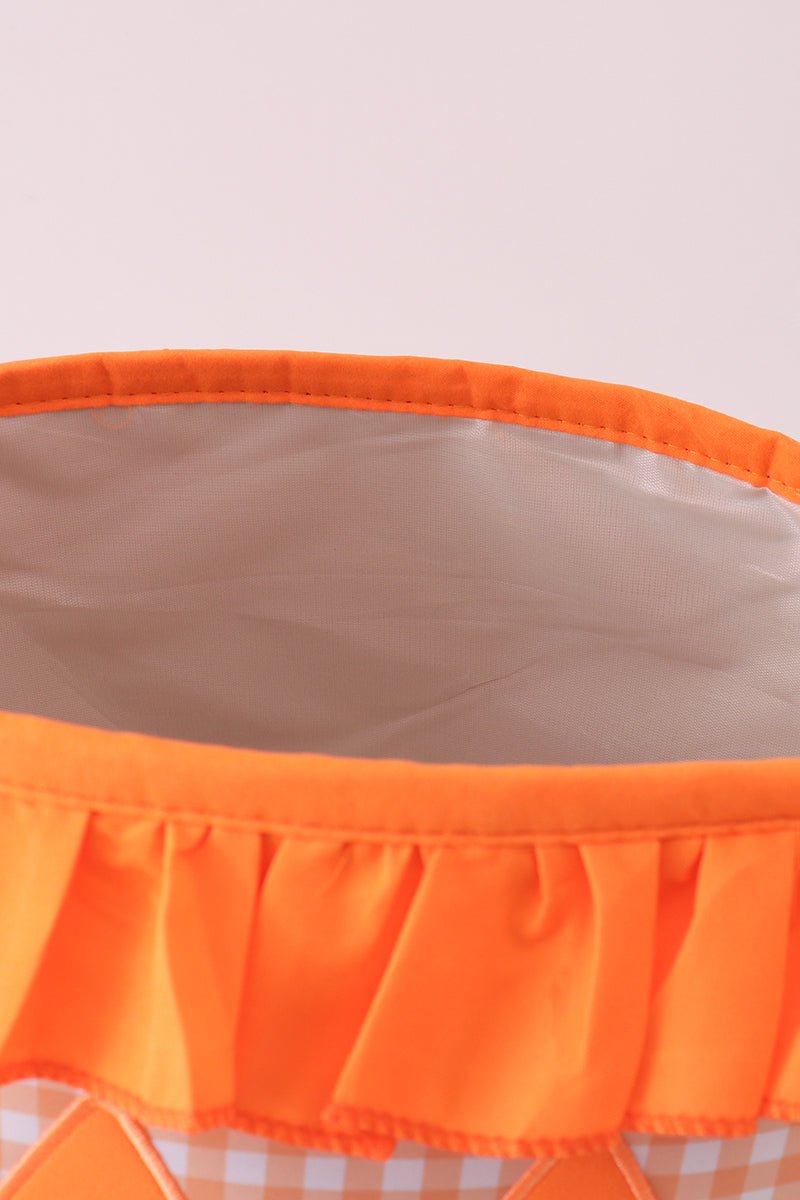 Orange Pumpkin Applique Gingham Ruffle Basket - Abbies Place