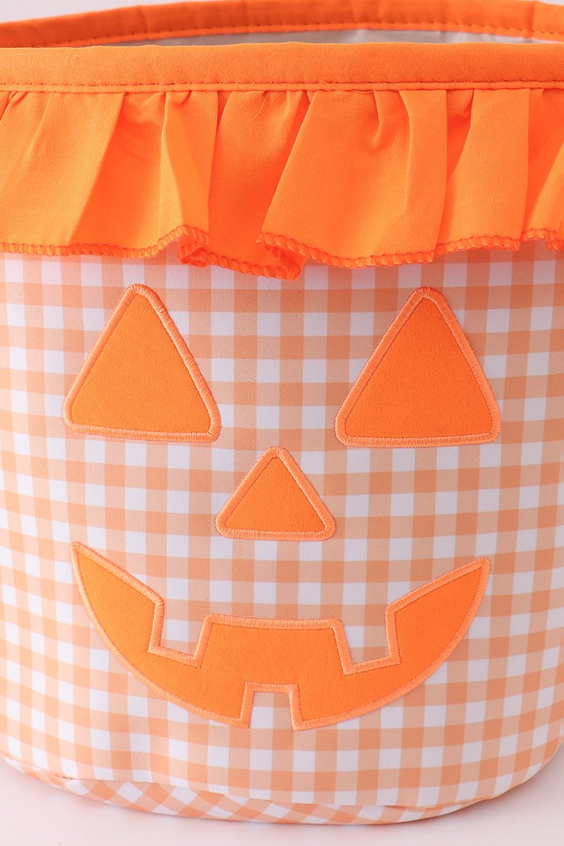 Orange Pumpkin Applique Gingham Ruffle Basket - Abbies Place