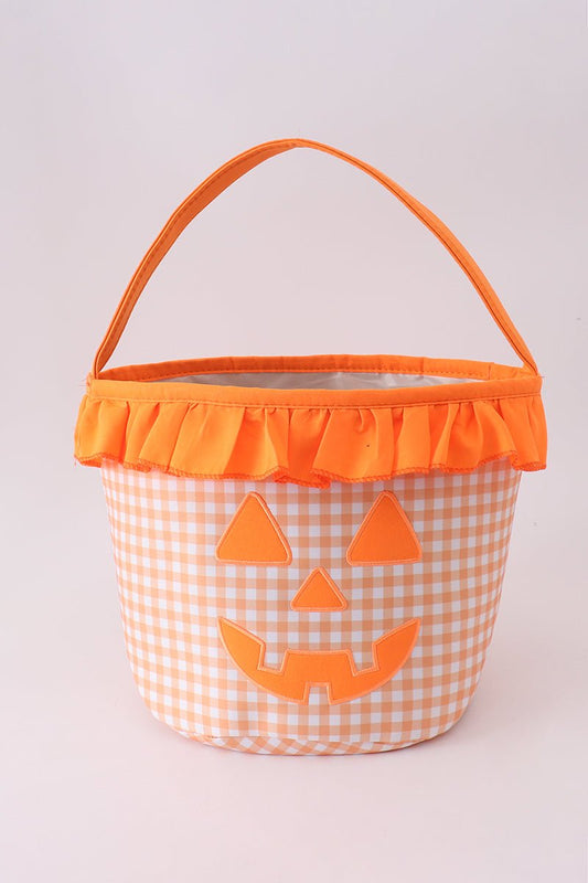 Orange Pumpkin Applique Gingham Ruffle Basket - Abbies Place