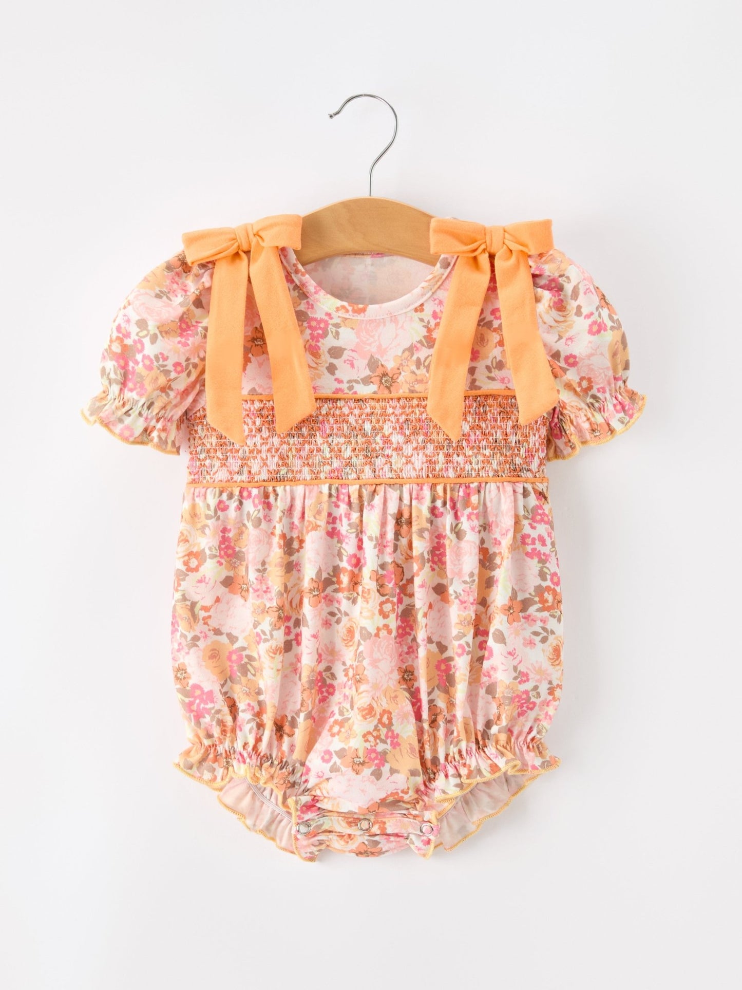 Peach Bow Smocked Floral Baby Bubble - Abbies Place