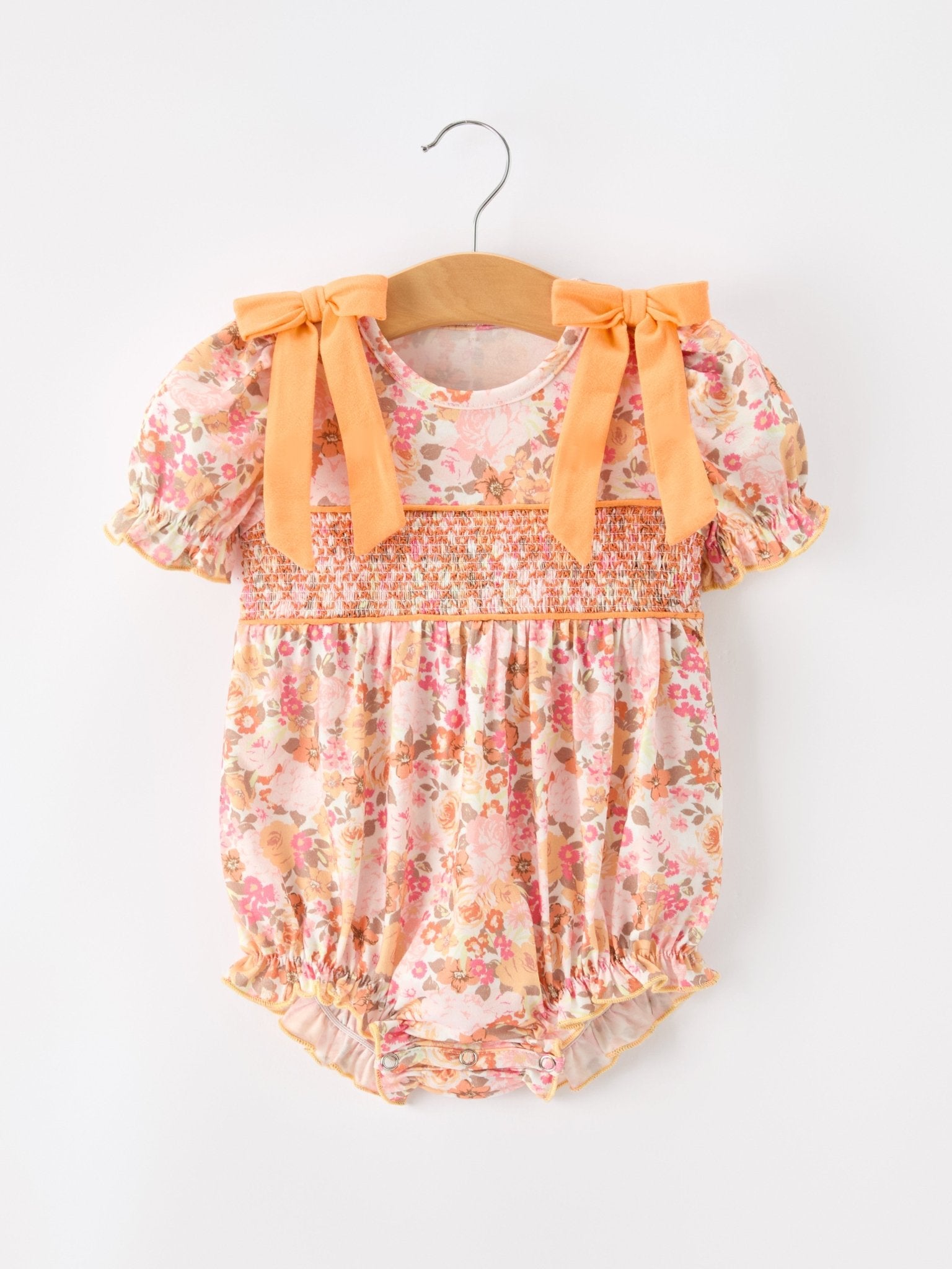 Peach Bow Smocked Floral Baby Bubble - Abbies Place