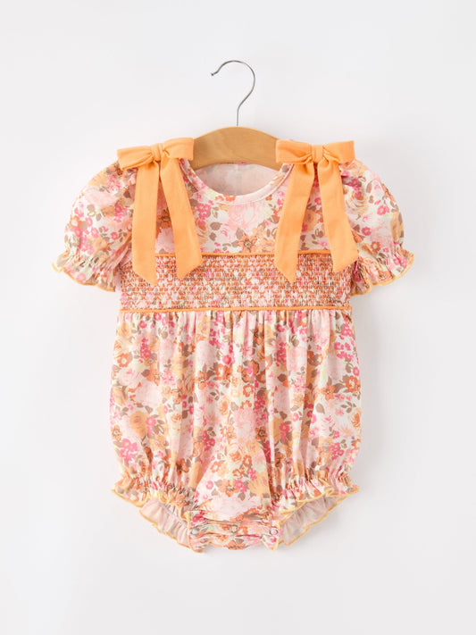 Peach Bow Smocked Floral Baby Bubble - Abbies Place