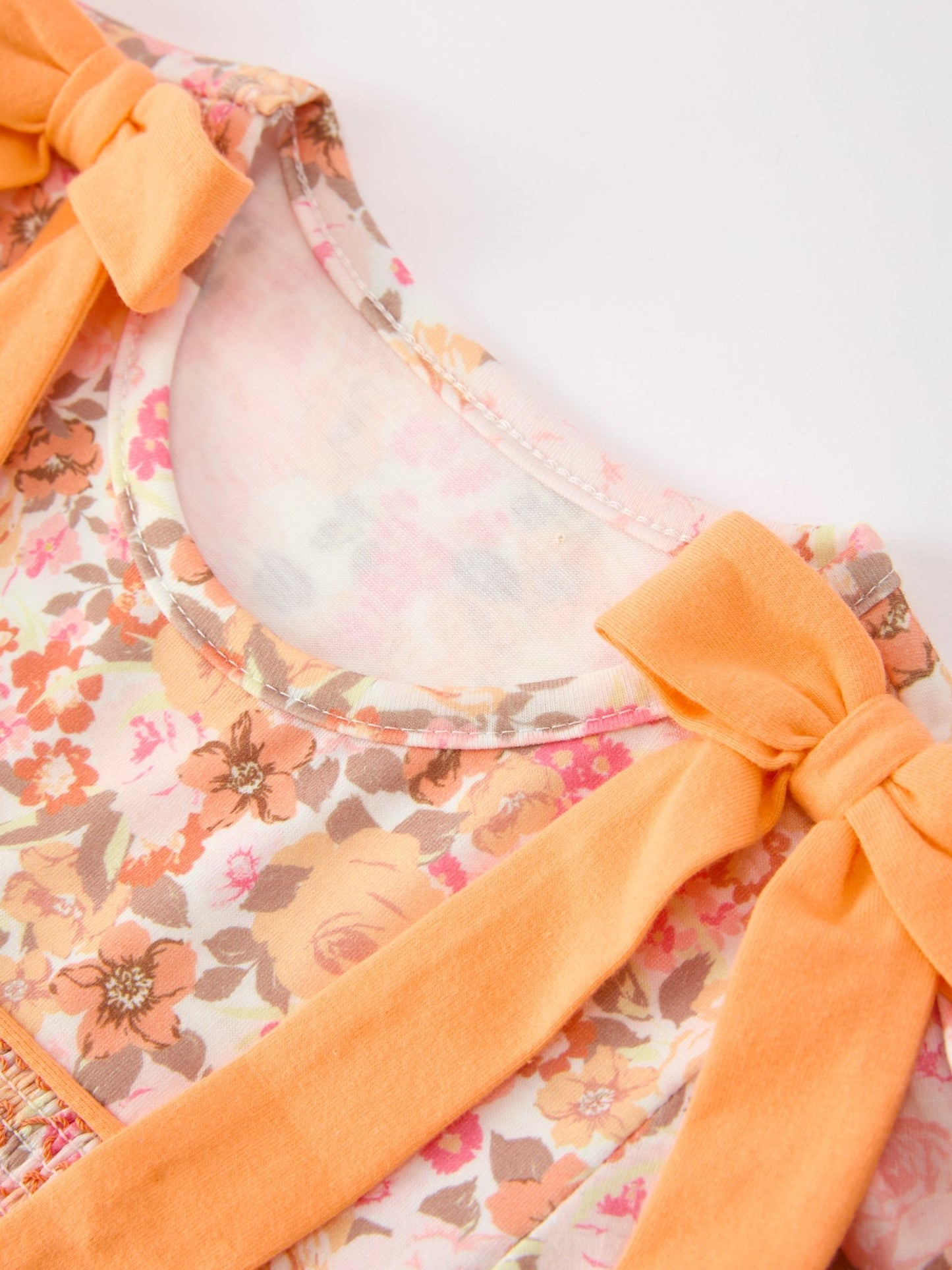 Peach Bow Smocked Floral Girl Dress - Abbies Place