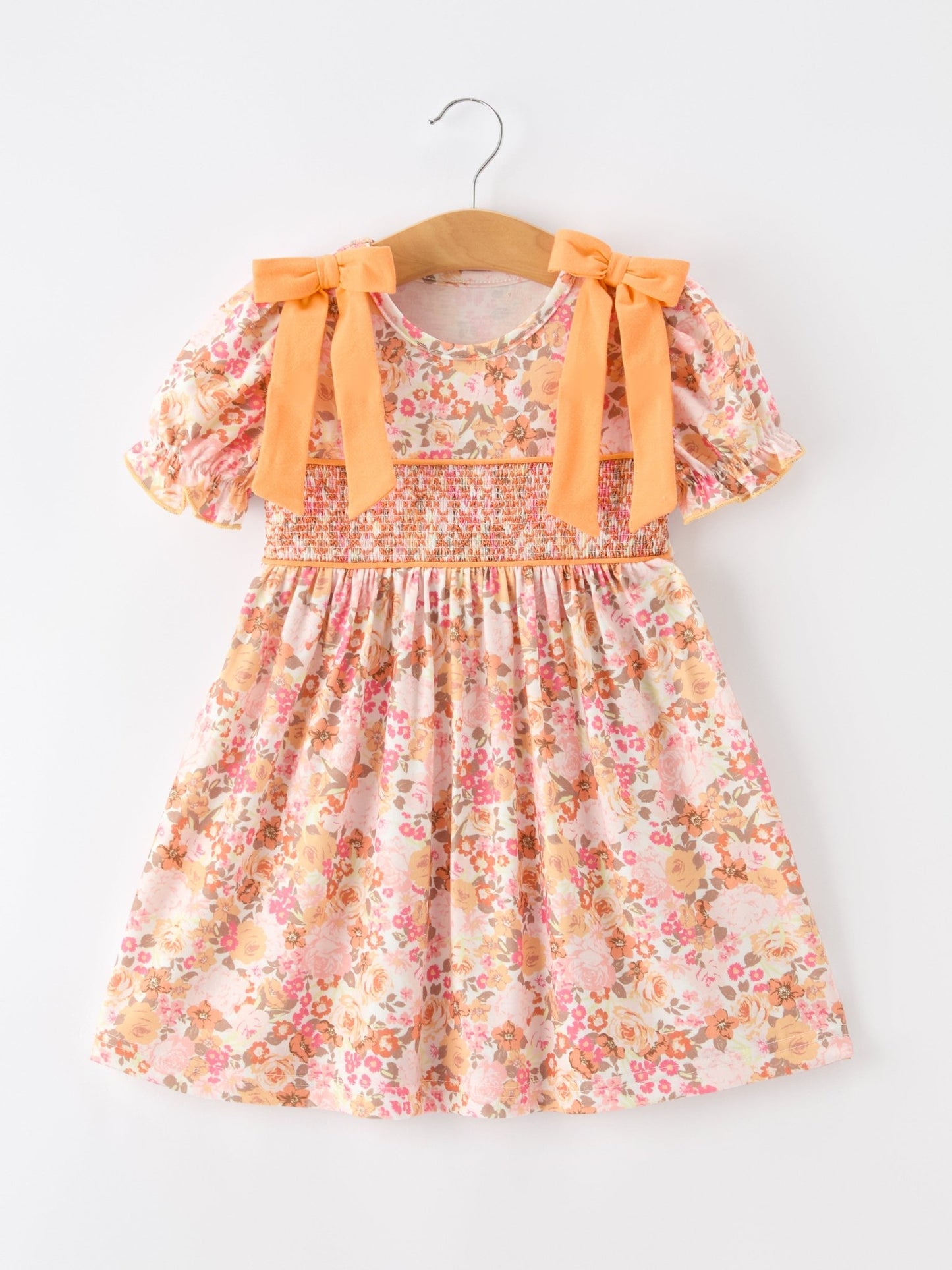 Peach Bow Smocked Floral Girl Dress - Abbies Place