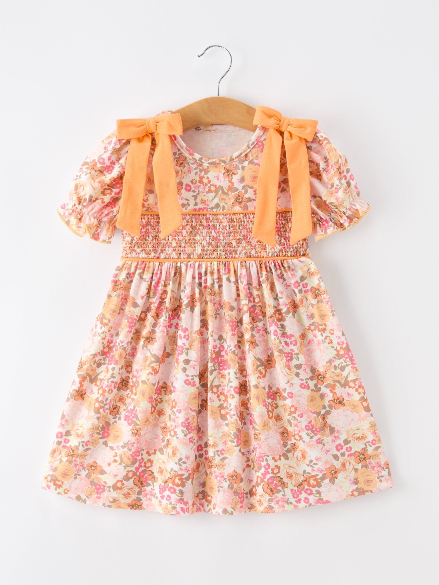 Peach Bow Smocked Floral Girl Dress - Abbies Place
