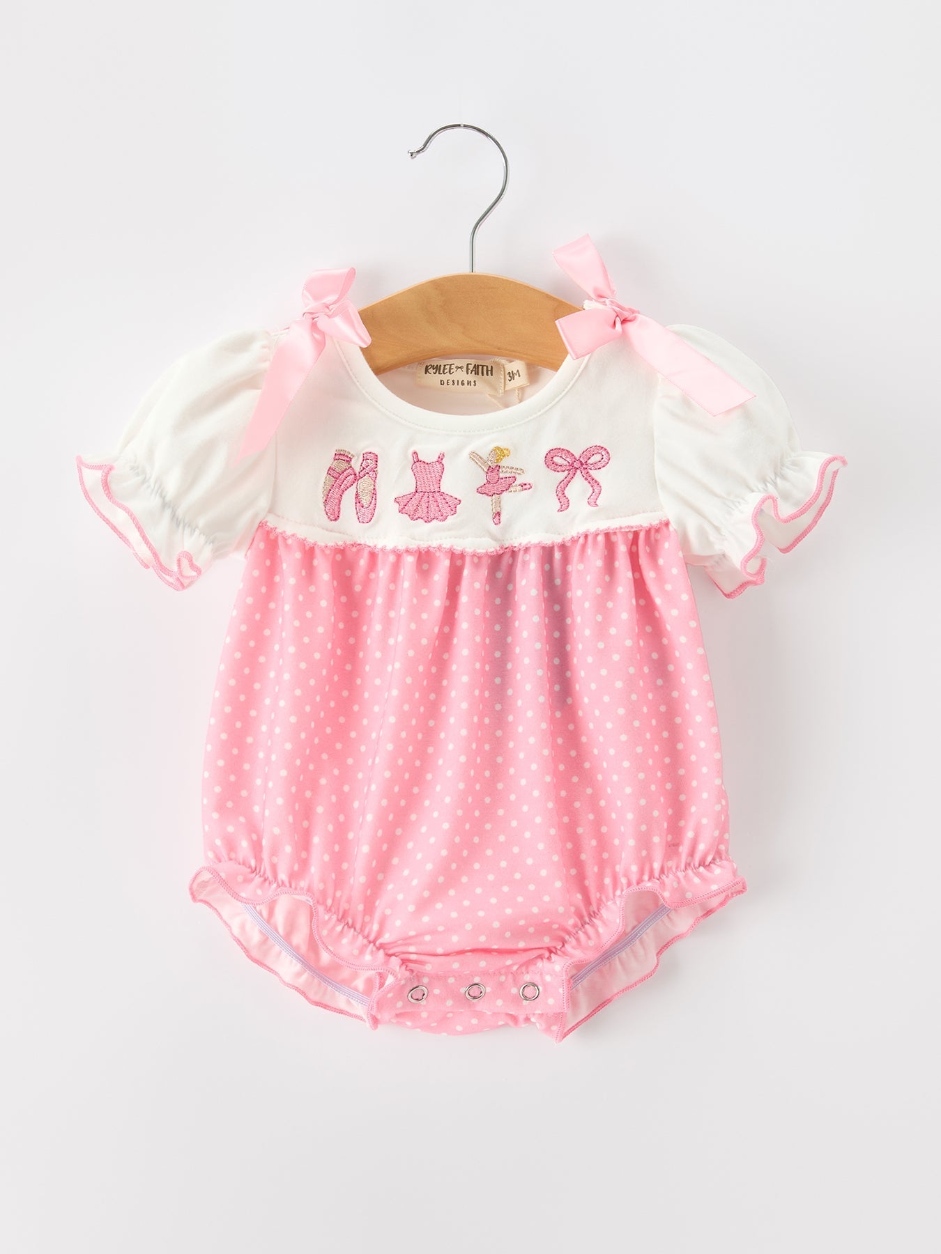 Pink Ballet Embroidery Bow Bubble Romper - Abbies Place
