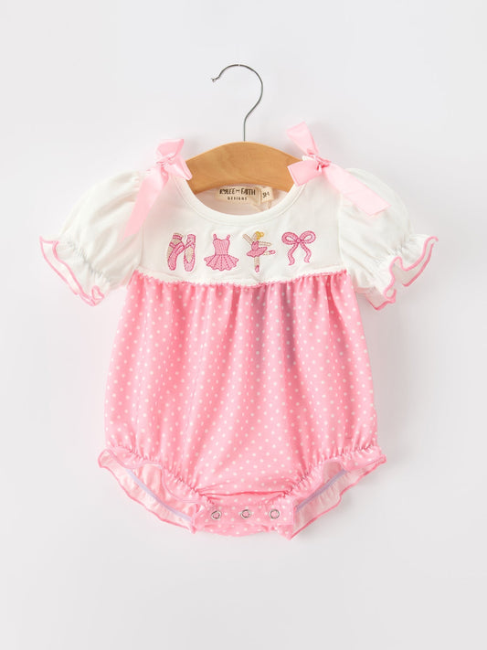 Pink Ballet Embroidery Bow Bubble Romper - Abbies Place