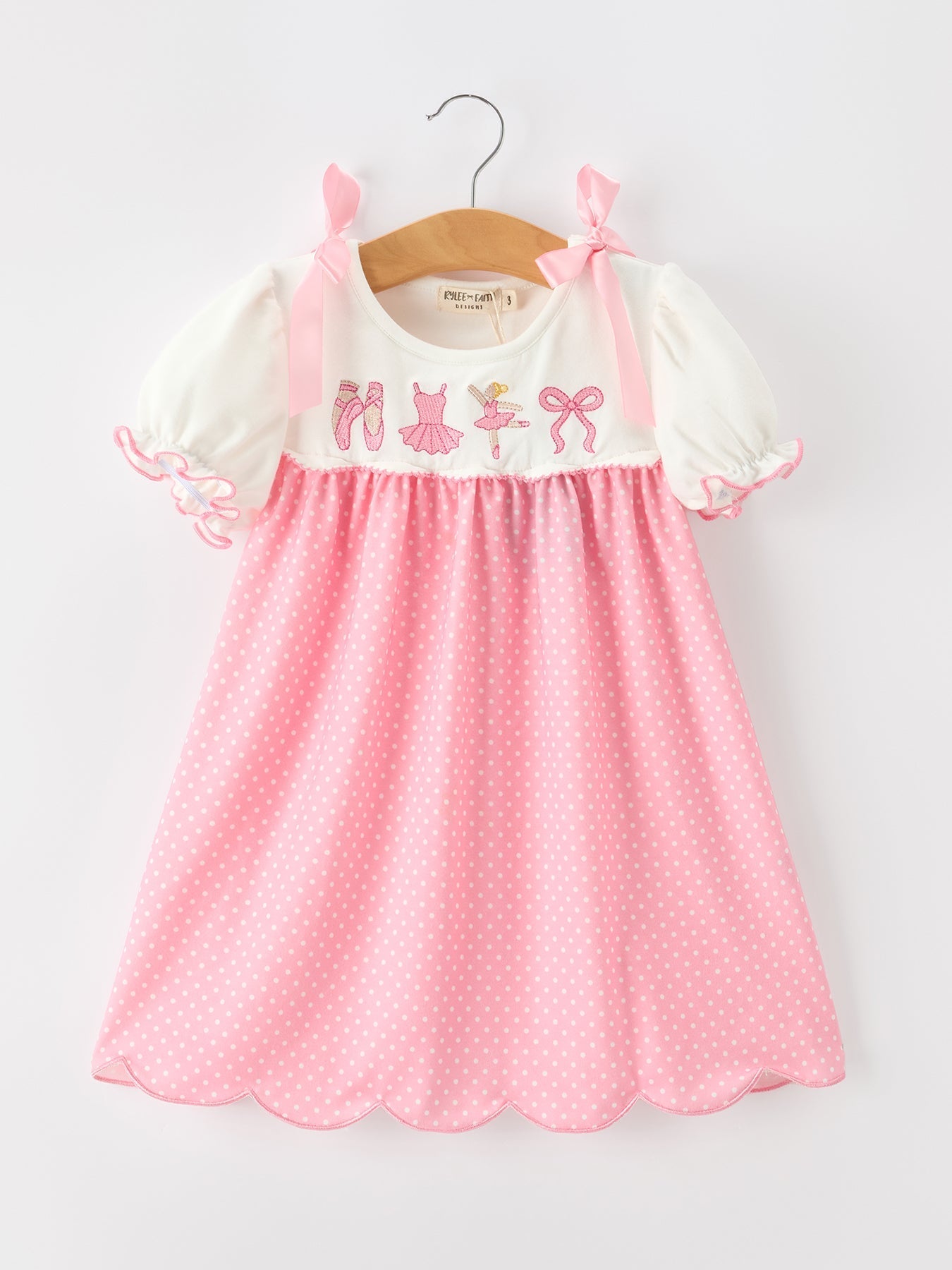 Pink Ballet Embroidery Bow Polka Dot Dress - Abbies Place