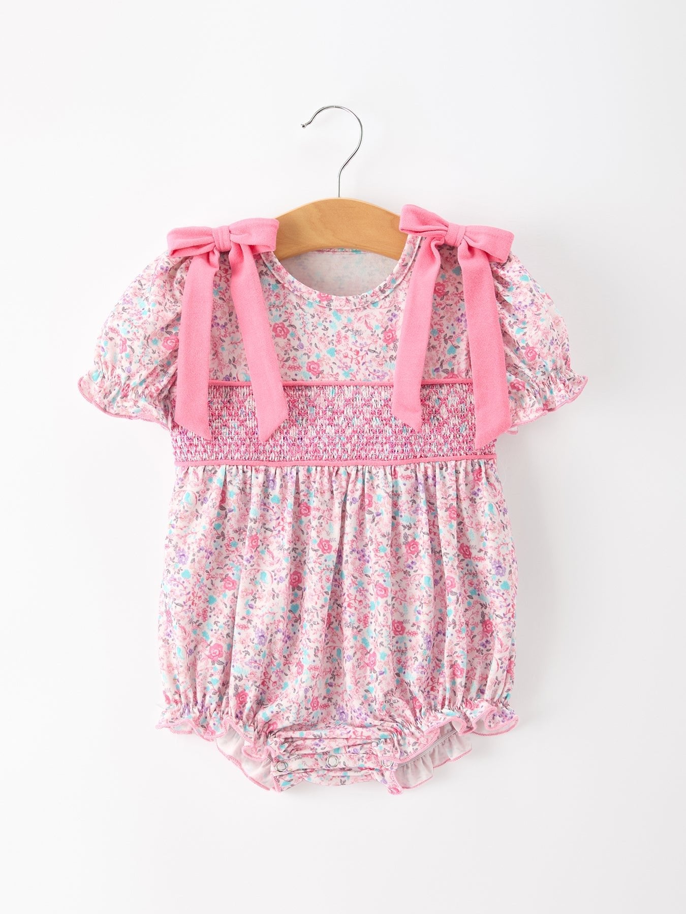 Pink Bow Smocked Floral Baby Bubble - Abbies Place