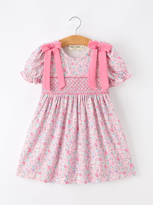 Pink Bow Smocked Floral Girl Dress - Abbies Place