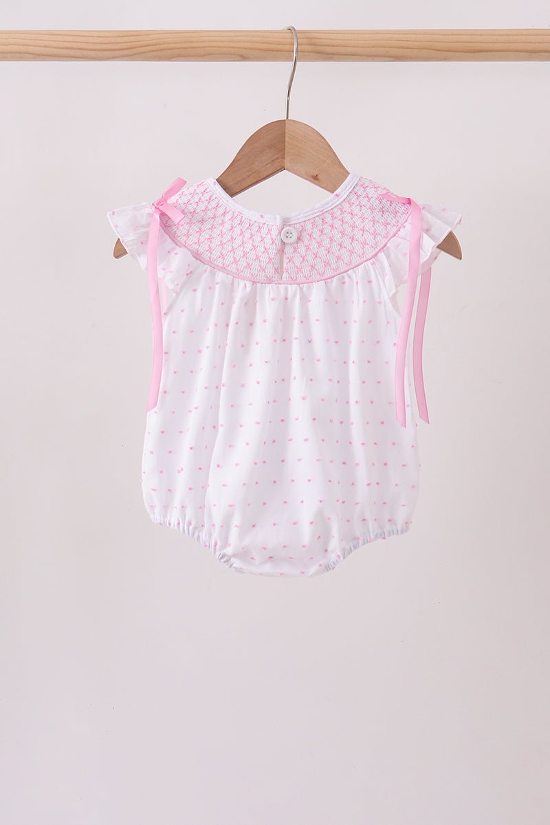 Pink Bow Smocked Swiss Dot Bubble - Abbies Place