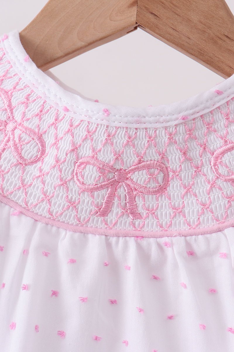 Pink Bow Smocked Swiss Dot Bubble - Abbies Place