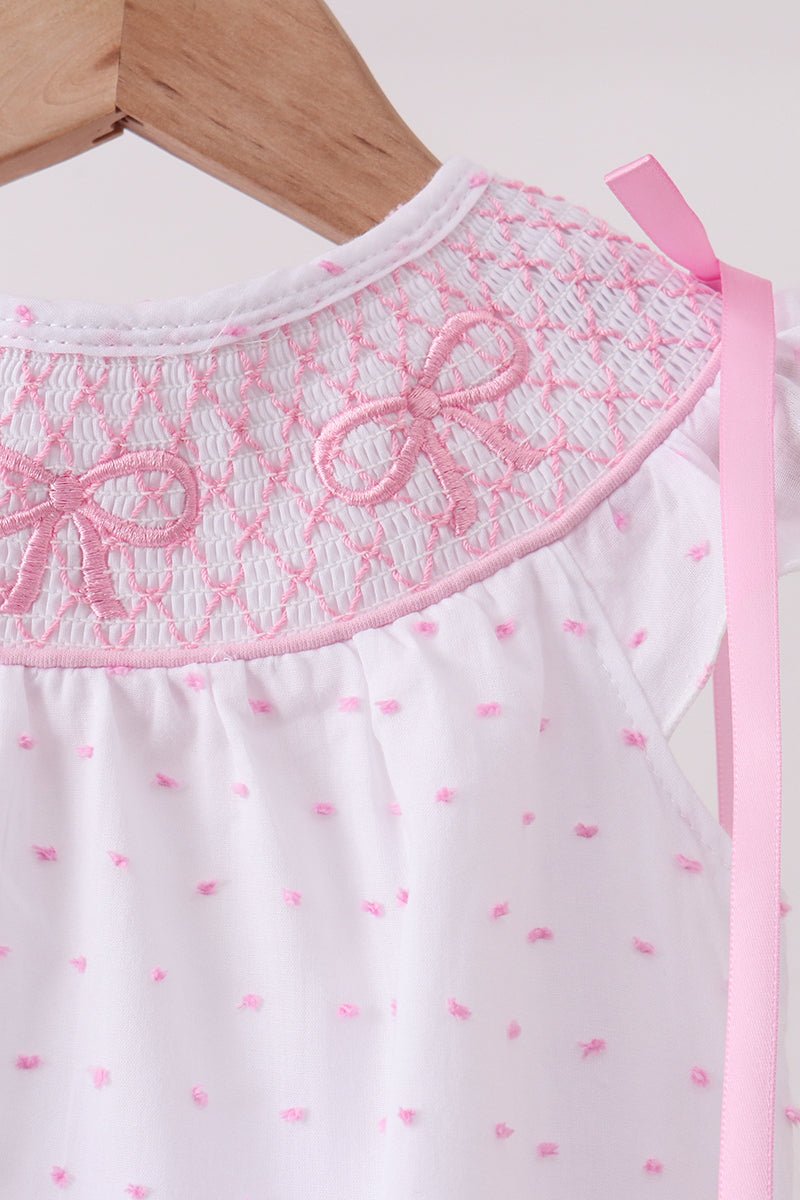 Pink Bow Smocked Swiss Dot Bubble - Abbies Place