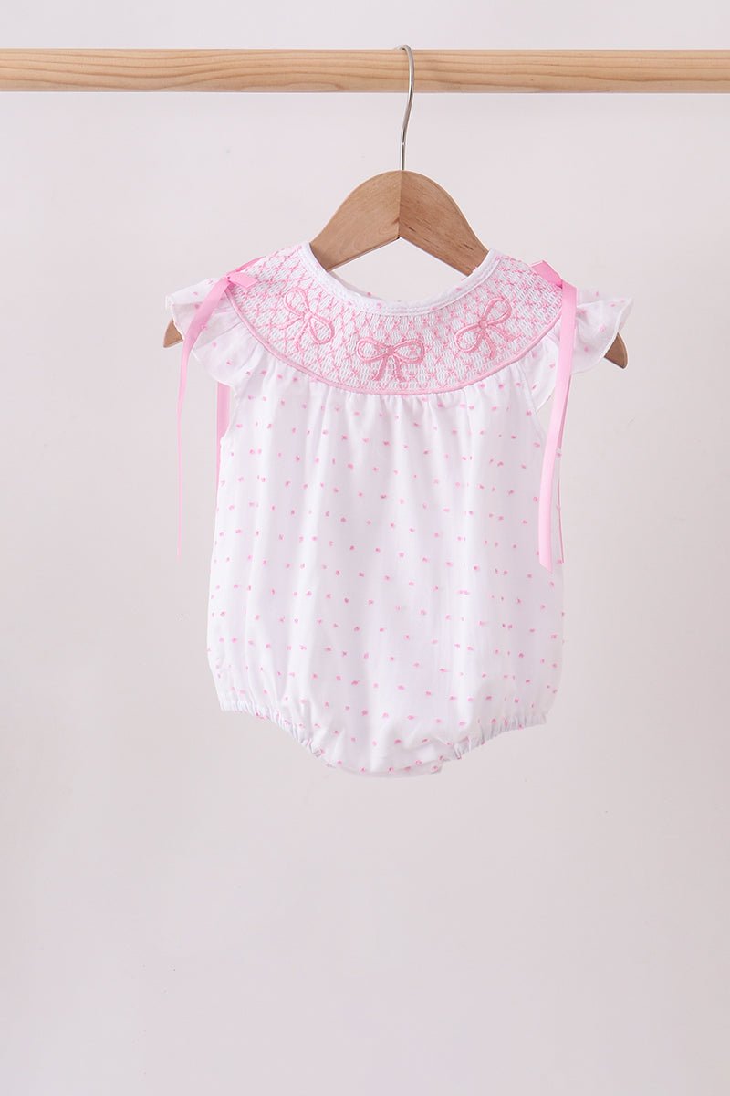 Pink Bow Smocked Swiss Dot Bubble - Abbies Place