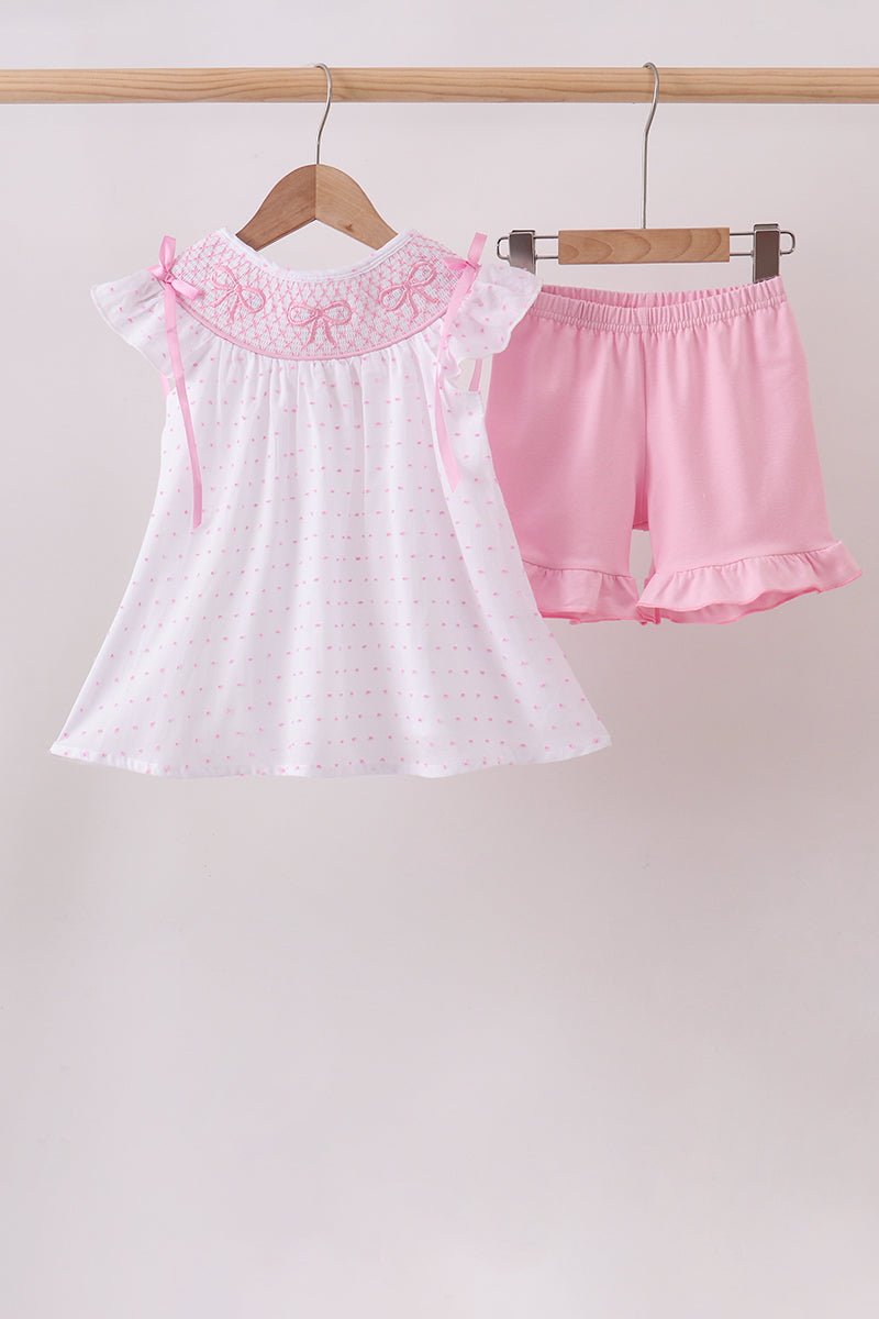 Pink Bow Smocked Swiss Dot Shorts Set - Abbies Place