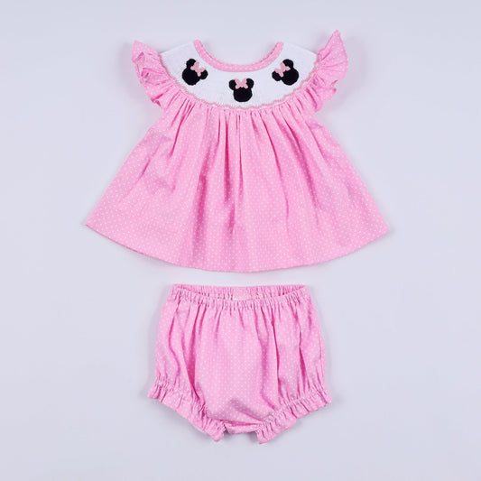 Pink character hand smocked dot ruffle bloomer set - Abbies Place